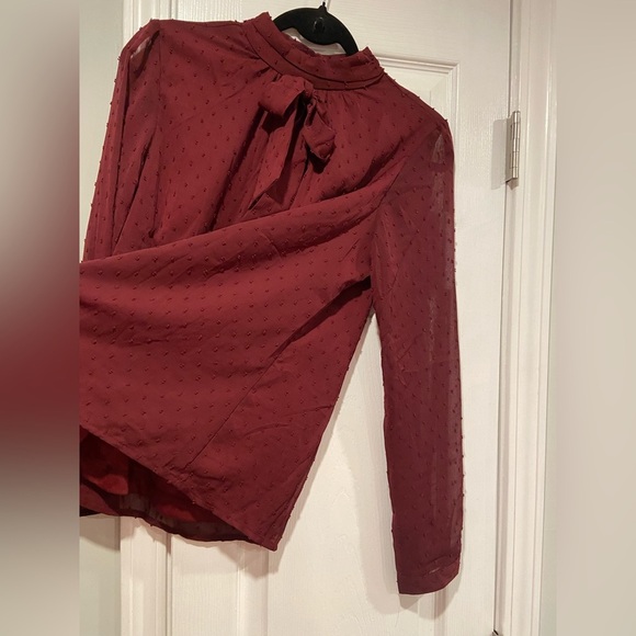 NWT Aconiya Size S Burgundy Swiss Dot Chiffon Lined High Neck Bow Lined Top - Picture 7 of 11